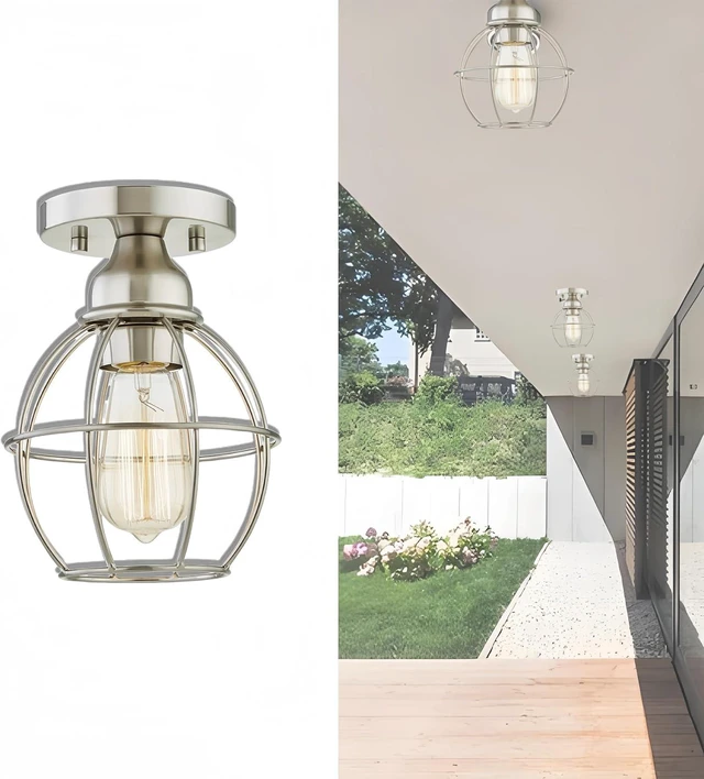 Main image of WISBEAM Brushed Nickel Semi Flush Mount Ceiling Light Fixture, Small Cage Ceiling Light E26 Medium Base MAX 60W, Metal Housing, ETL Rated, Bulbs NOT Included, 1-Pack