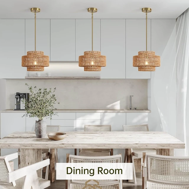 Alt view image 6 of 7 - 12.4" Rattan Pendant Light for Kitchen Island, Boho Chandelier