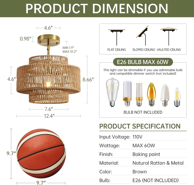 Alt view image 5 of 7 - 12.4" Rattan Pendant Light for Kitchen Island, Boho Chandelier