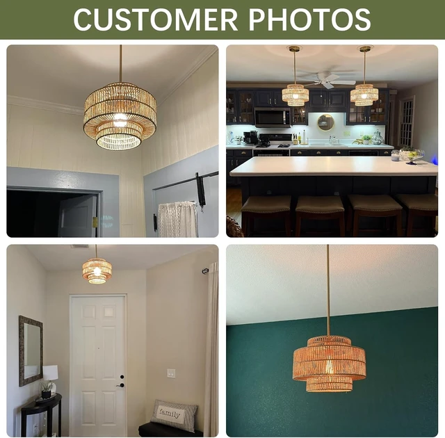 Alt view image 7 of 7 - 12.4" Rattan Pendant Light for Kitchen Island, Boho Chandelier