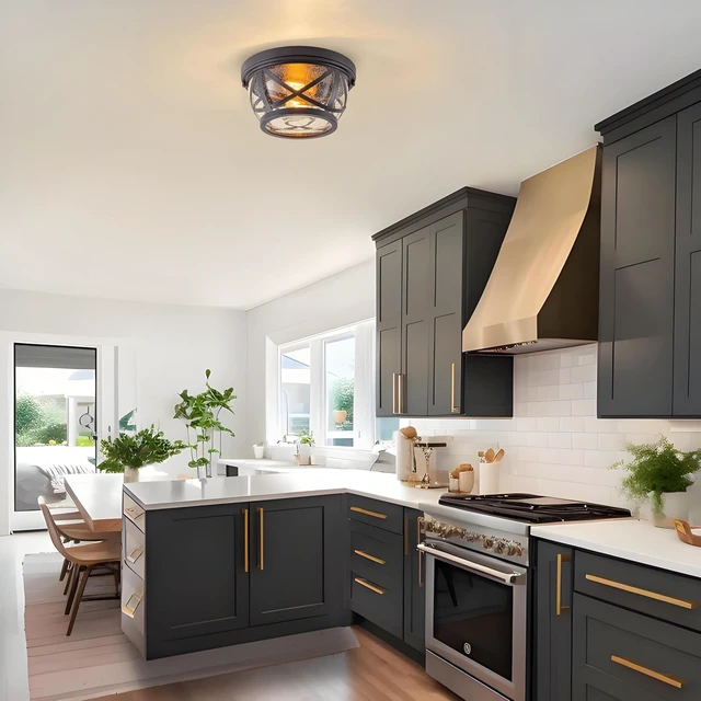Alt view image 3 of 7 - Bronze Flush Mount Ceiling Light Fixtures, 2-Light Ceiling Mount for Industrial with Seeded Glass Lampshade, Modern Flush Mount Light Fixture Farmhouse for Hallway, Kitchen, Entryway and Foyer