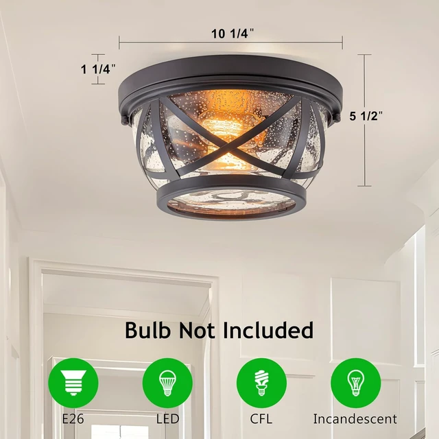 Alt view image 6 of 7 - Bronze Flush Mount Ceiling Light Fixtures, 2-Light Ceiling Mount for Industrial with Seeded Glass Lampshade, Modern Flush Mount Light Fixture Farmhouse for Hallway, Kitchen, Entryway and Foyer