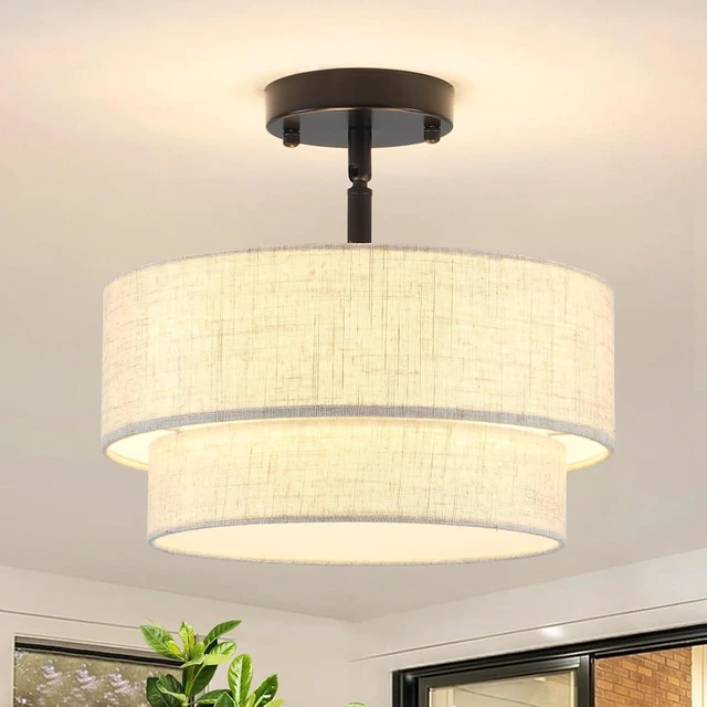 Main image of 12.6" Linen Drum Ceiling Light, 3-Light Black Semi Flush Mount Ceiling Light Fixture, 2-Tier Modern Farmhouse Close To Ceiling Light Fixtures for Bedroom Hallway Entryway Foyer Kitchen Living Room