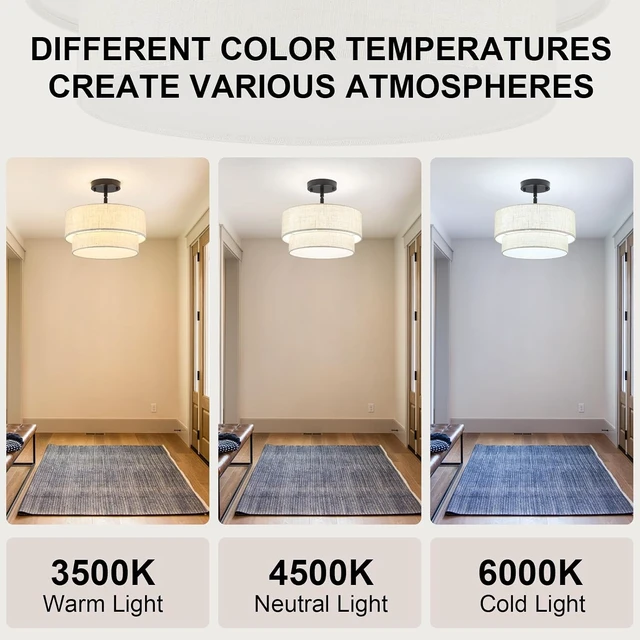 Alt view image 2 of 7 - 12.6" Linen Drum Ceiling Light, 3-Light Black Semi Flush Mount Ceiling Light Fixture, 2-Tier Modern Farmhouse Close To Ceiling Light Fixtures for Bedroom Hallway Entryway Foyer Kitchen Living Room