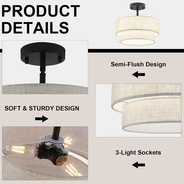 Alt view image 3 of 7 - 12.6" Linen Drum Ceiling Light, 3-Light Black Semi Flush Mount Ceiling Light Fixture, 2-Tier Modern Farmhouse Close To Ceiling Light Fixtures for Bedroom Hallway Entryway Foyer Kitchen Living Room
