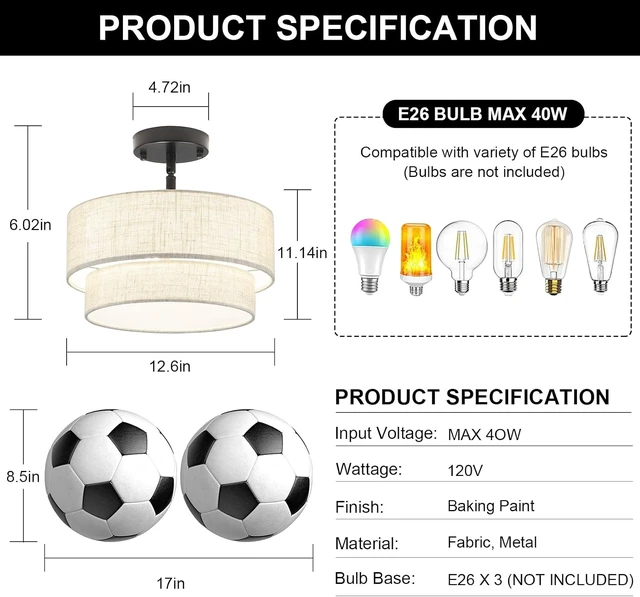 Alt view image 4 of 7 - 12.6" Linen Drum Ceiling Light, 3-Light Black Semi Flush Mount Ceiling Light Fixture, 2-Tier Modern Farmhouse Close To Ceiling Light Fixtures for Bedroom Hallway Entryway Foyer Kitchen Living Room