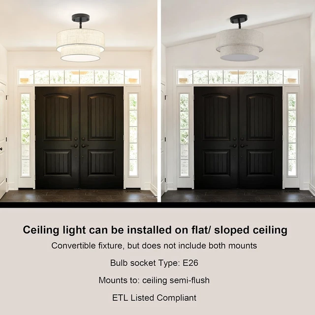 Alt view image 5 of 7 - 12.6" Linen Drum Ceiling Light, 3-Light Black Semi Flush Mount Ceiling Light Fixture, 2-Tier Modern Farmhouse Close To Ceiling Light Fixtures for Bedroom Hallway Entryway Foyer Kitchen Living Room