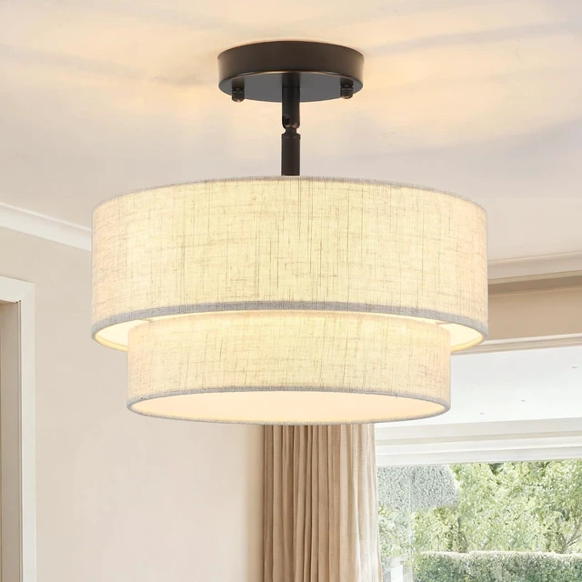 Alt view image 6 of 7 - 12.6" Linen Drum Ceiling Light, 3-Light Black Semi Flush Mount Ceiling Light Fixture, 2-Tier Modern Farmhouse Close To Ceiling Light Fixtures for Bedroom Hallway Entryway Foyer Kitchen Living Room