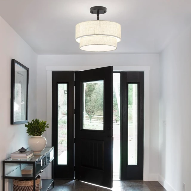 Alt view image 7 of 7 - 12.6" Linen Drum Ceiling Light, 3-Light Black Semi Flush Mount Ceiling Light Fixture, 2-Tier Modern Farmhouse Close To Ceiling Light Fixtures for Bedroom Hallway Entryway Foyer Kitchen Living Room