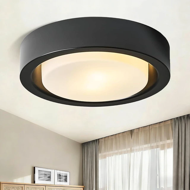 Main image of Black Flush Mount Ceiling Light,13 Inch Matte Black Ceiling Lighting Fixture,2-Light Modern Round Metal Lamp with White Frosted Glass Shade for Hallway Bedroom Closet Outdoor