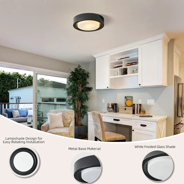Alt view image 4 of 7 - Black Flush Mount Ceiling Light,13 Inch Matte Black Ceiling Lighting Fixture,2-Light Modern Round Metal Lamp with White Frosted Glass Shade for Hallway Bedroom Closet Outdoor