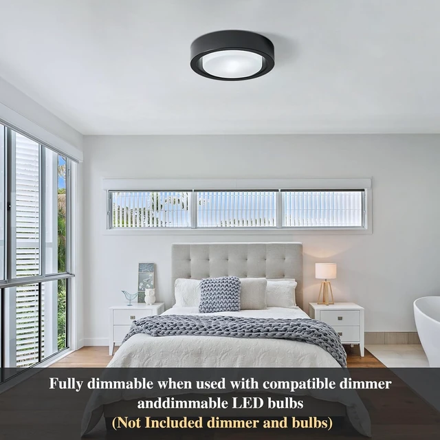 Alt view image 5 of 7 - Black Flush Mount Ceiling Light,13 Inch Matte Black Ceiling Lighting Fixture,2-Light Modern Round Metal Lamp with White Frosted Glass Shade for Hallway Bedroom Closet Outdoor