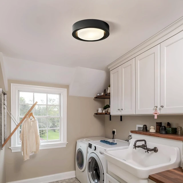 Alt view image 6 of 7 - Black Flush Mount Ceiling Light,13 Inch Matte Black Ceiling Lighting Fixture,2-Light Modern Round Metal Lamp with White Frosted Glass Shade for Hallway Bedroom Closet Outdoor