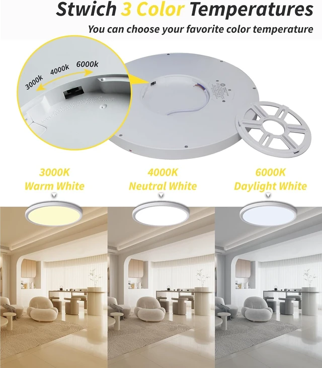 Alt view image 5 of 7 - Led Flush Mount Ceiling Light,Round 12 Inch 24w 2520lm 3000k,4000k,6000k CCT Selectable,Flat Panel Super Slim Led Ceiling Light Fixture,for Living Dining Kitchen Bedroom Room (12Pack-White)