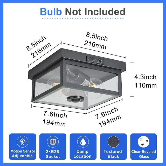 Alt view image 6 of 7 - Tarentlight (2026 Upgrade Adjustable Motion Sensor Outdoor Ceiling Light,8.5IN Fully Sealed Fixture with Clear Beveled Glass,Waterproof, Dustproof & Insect-Proof,Suit to Porch,Patio,Garage,Hallway