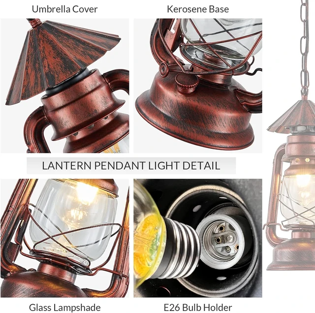Alt view image 3 of 7 - NOXARTE Vintage Pendant Light Lantern Ceiling Light Fixture with Glass Shade Adjustable Chain for Kitchen Island Farmhouse Loft Porch Width 7 Inch x Height 15 Inch