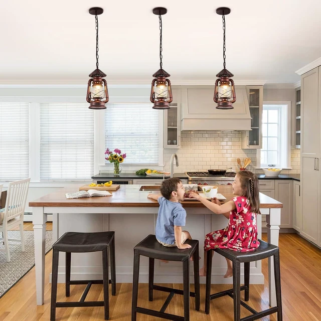 Alt view image 6 of 7 - NOXARTE Vintage Pendant Light Lantern Ceiling Light Fixture with Glass Shade Adjustable Chain for Kitchen Island Farmhouse Loft Porch Width 7 Inch x Height 15 Inch