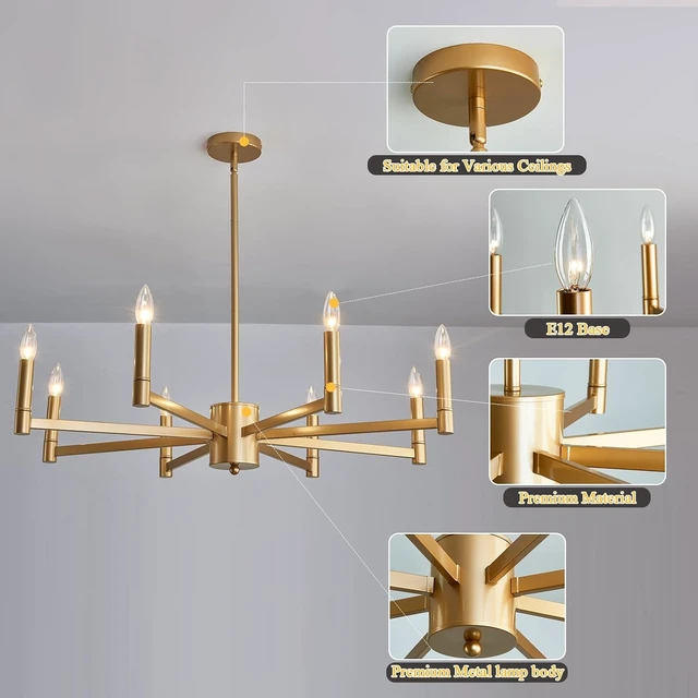Alt view image 7 of 7 - ASGYISA 8-Light Gold Candle Chandeliers Modern Farmhouse Ceiling Light Fixture Industrial Lighting for Dining Room Living Room Bedroom Kitchen Island Foyer