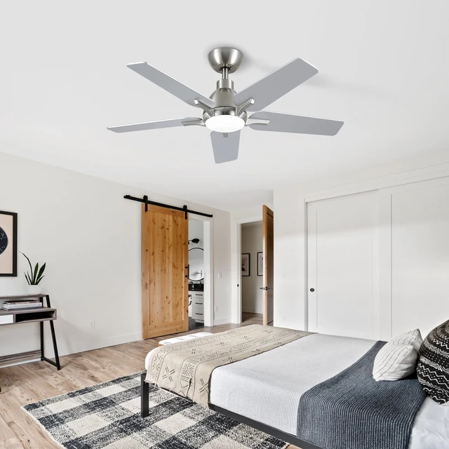 Alt view image 2 of 7 - 42 Inch Ceiling Fans with Lights, Brushed Nickel Ceiling Fan with Remote, Modern Ceiling Fan for Bedroom, Living Room, Dining Room, Patio, 3CCT Dimmable 6 Speeds DC Quiet