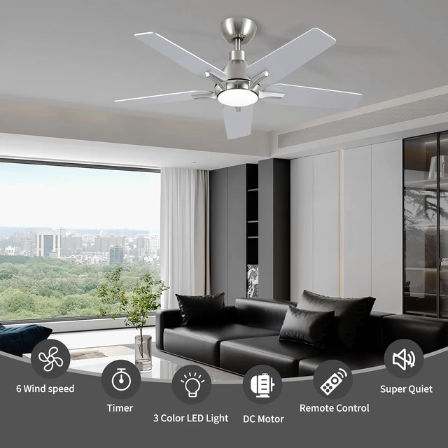 Alt view image 3 of 7 - 42 Inch Ceiling Fans with Lights, Brushed Nickel Ceiling Fan with Remote, Modern Ceiling Fan for Bedroom, Living Room, Dining Room, Patio, 3CCT Dimmable 6 Speeds DC Quiet