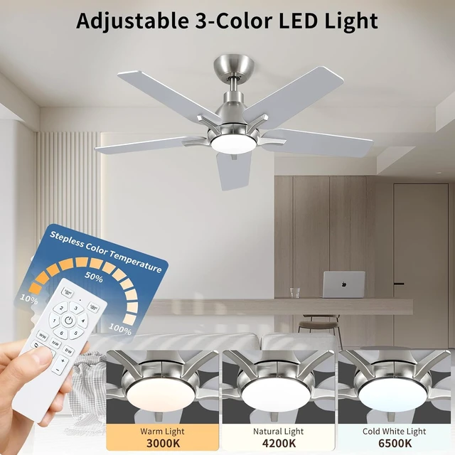 Alt view image 5 of 7 - 42 Inch Ceiling Fans with Lights, Brushed Nickel Ceiling Fan with Remote, Modern Ceiling Fan for Bedroom, Living Room, Dining Room, Patio, 3CCT Dimmable 6 Speeds DC Quiet