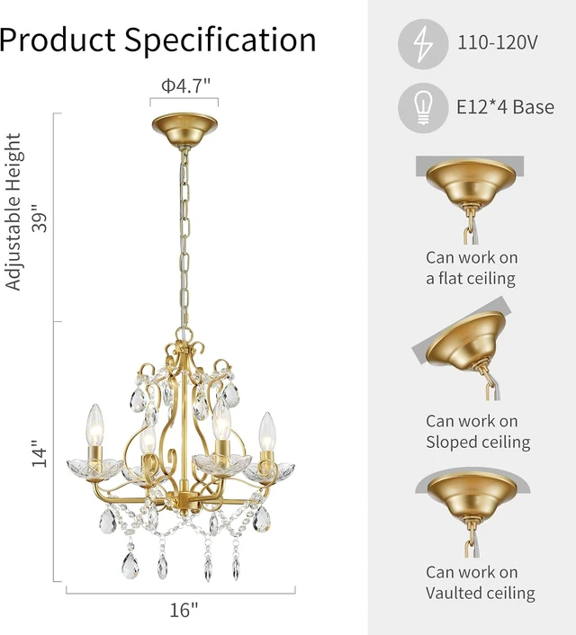Alt view image 2 of 7 - WUZUPS Crystal Candle Chandelier Pendant Flushmount Ceiling Light Modern Lighting Fixture for Bedroom Hallway Bar Kitchen Bathroom, H 14" x W 16", Gold, E12 Base
