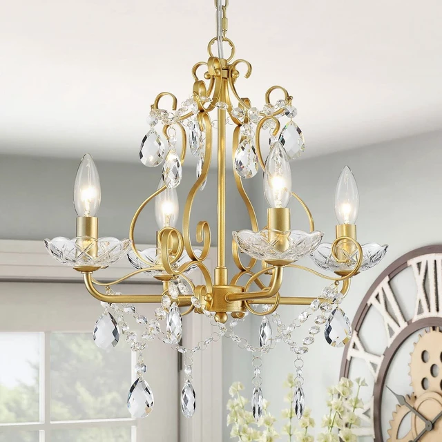 Main image of WUZUPS Crystal Candle Chandelier Pendant Flushmount Ceiling Light Modern Lighting Fixture for Bedroom Hallway Bar Kitchen Bathroom, H 14" x W 16", Gold, E12 Base