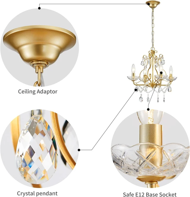 Alt view image 3 of 7 - WUZUPS Crystal Candle Chandelier Pendant Flushmount Ceiling Light Modern Lighting Fixture for Bedroom Hallway Bar Kitchen Bathroom, H 14" x W 16", Gold, E12 Base