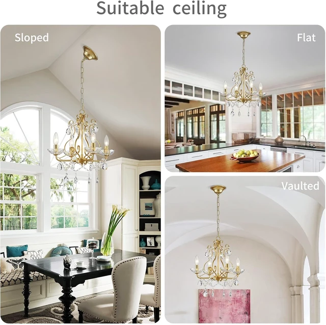 Alt view image 6 of 7 - WUZUPS Crystal Candle Chandelier Pendant Flushmount Ceiling Light Modern Lighting Fixture for Bedroom Hallway Bar Kitchen Bathroom, H 14" x W 16", Gold, E12 Base