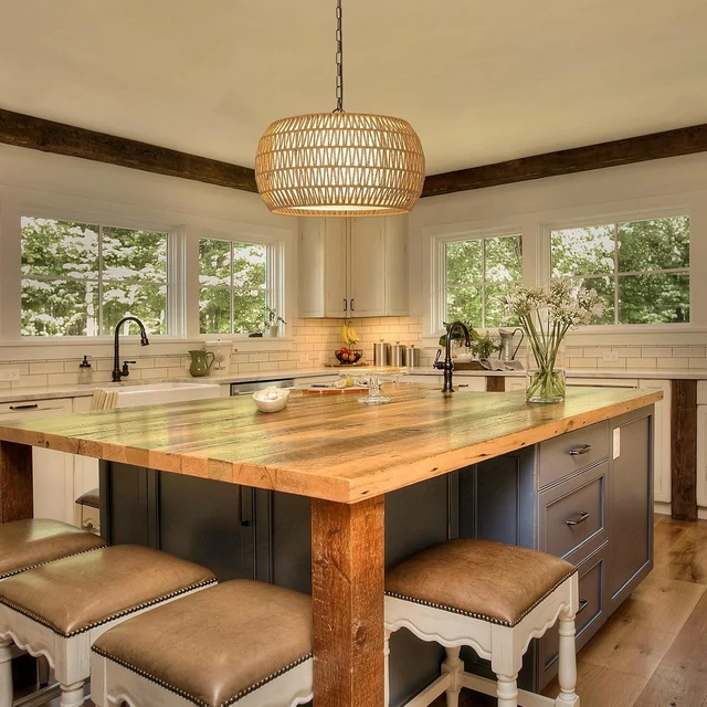 Alt view image 2 of 7 - Rattan Farmhouse Chandelier Light Fixtures, 5-Lights Boho Large Pendant Light,Hand Woven Chandeliers for Dining Room with Fabric Shade,Rustic Chandeliers Hanging Light Fixtures for Kitchen Island