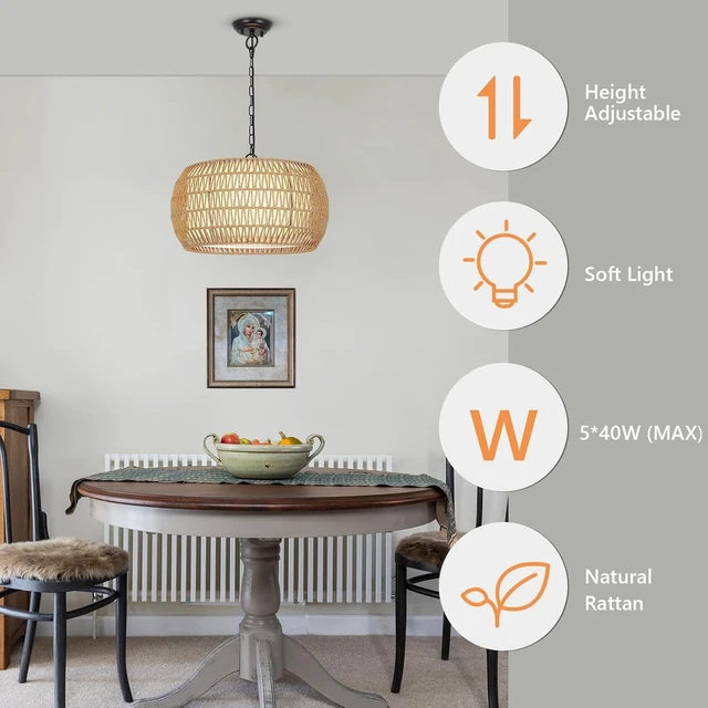 Alt view image 3 of 7 - Rattan Farmhouse Chandelier Light Fixtures, 5-Lights Boho Large Pendant Light,Hand Woven Chandeliers for Dining Room with Fabric Shade,Rustic Chandeliers Hanging Light Fixtures for Kitchen Island