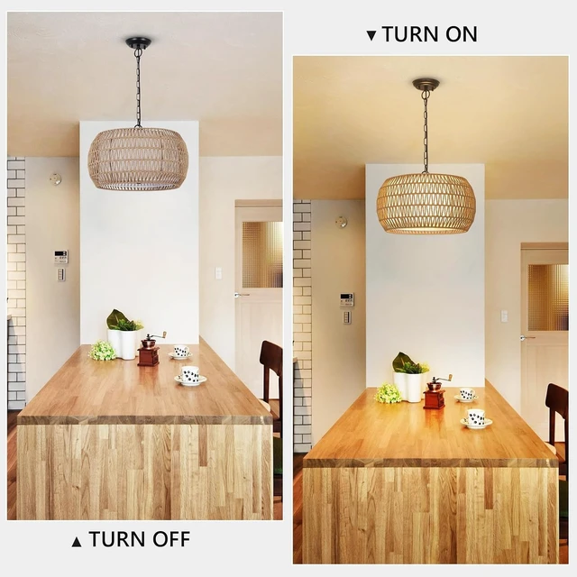 Alt view image 5 of 7 - Rattan Farmhouse Chandelier Light Fixtures, 5-Lights Boho Large Pendant Light,Hand Woven Chandeliers for Dining Room with Fabric Shade,Rustic Chandeliers Hanging Light Fixtures for Kitchen Island
