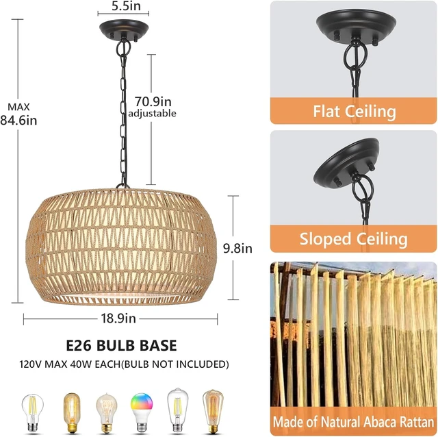 Alt view image 4 of 7 - Rattan Farmhouse Chandelier Light Fixtures, 5-Lights Boho Large Pendant Light,Hand Woven Chandeliers for Dining Room with Fabric Shade,Rustic Chandeliers Hanging Light Fixtures for Kitchen Island