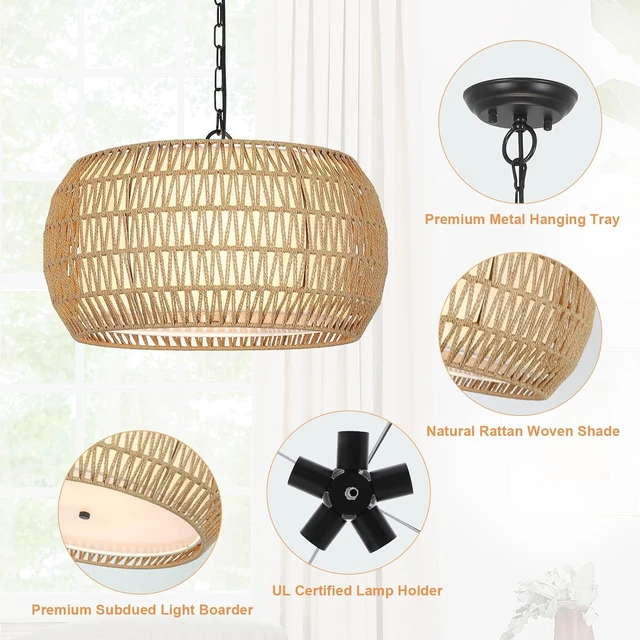 Alt view image 6 of 7 - Rattan Farmhouse Chandelier Light Fixtures, 5-Lights Boho Large Pendant Light,Hand Woven Chandeliers for Dining Room with Fabric Shade,Rustic Chandeliers Hanging Light Fixtures for Kitchen Island