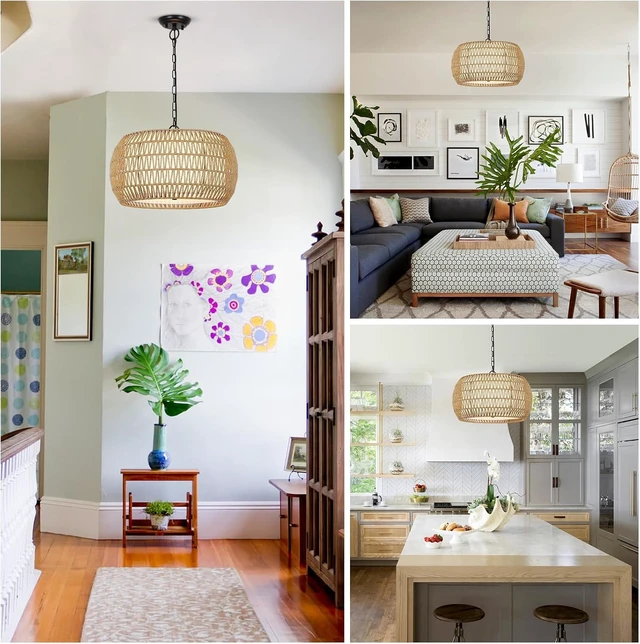 Alt view image 7 of 7 - Rattan Farmhouse Chandelier Light Fixtures, 5-Lights Boho Large Pendant Light,Hand Woven Chandeliers for Dining Room with Fabric Shade,Rustic Chandeliers Hanging Light Fixtures for Kitchen Island