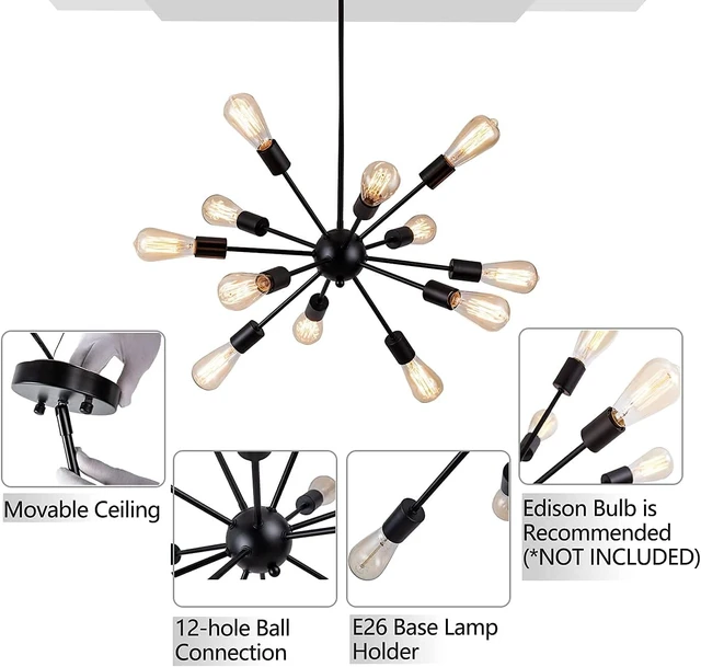 Alt view image 6 of 7 - 12-Light Black Farmhouse Sputnik Chandeliers for Dining Room Light Fixture