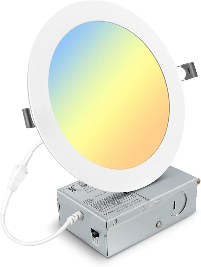 Main image of Elaruslux 7 Inch 3CCT Ultra-Thin LED Recessed Light with Junction Box, 3000K/4500K/6000K Selectable, 18W Eqv 125W, Dimmable Ceiling Lights 1600LM Brightness Canless Wafer Downlight