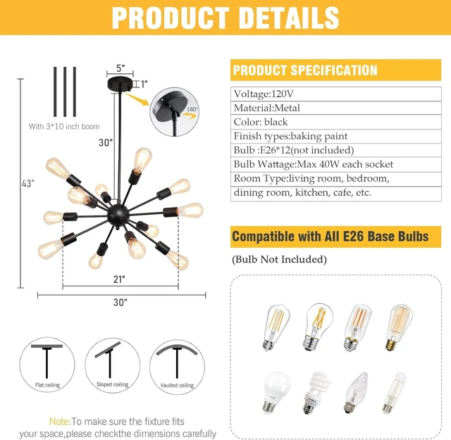 Alt view image 3 of 7 - 12-Light Black Farmhouse Sputnik Chandeliers for Dining Room Light Fixture
