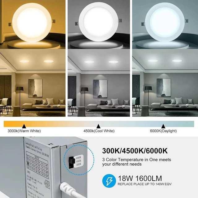 Alt view image 2 of 7 - Elaruslux 7 Inch 3CCT Ultra-Thin LED Recessed Light with Junction Box, 3000K/4500K/6000K Selectable, 18W Eqv 125W, Dimmable Ceiling Lights 1600LM Brightness Canless Wafer Downlight