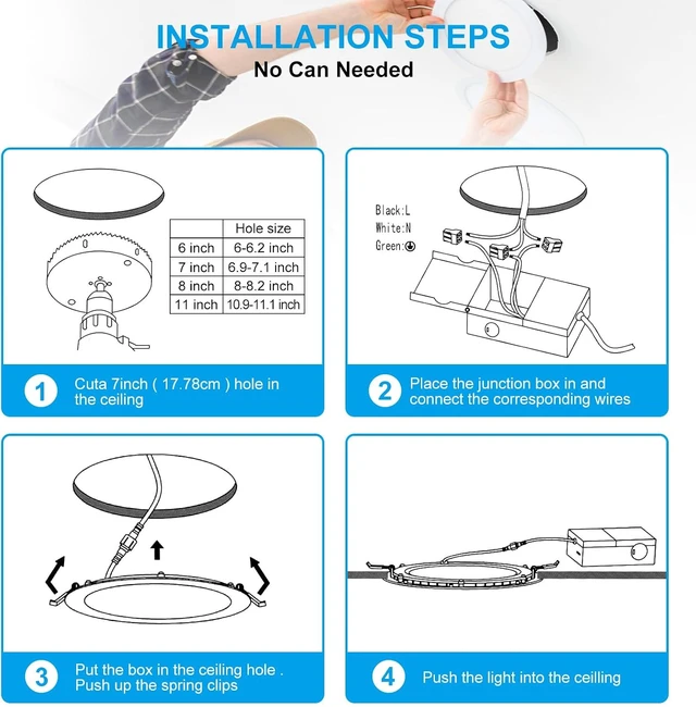 Alt view image 4 of 7 - Elaruslux 7 Inch 3CCT Ultra-Thin LED Recessed Light with Junction Box, 3000K/4500K/6000K Selectable, 18W Eqv 125W, Dimmable Ceiling Lights 1600LM Brightness Canless Wafer Downlight