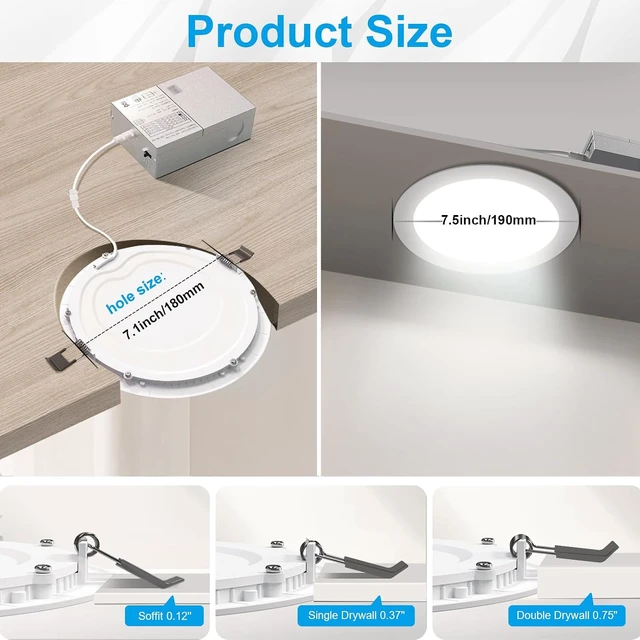 Alt view image 5 of 7 - Elaruslux 7 Inch 3CCT Ultra-Thin LED Recessed Light with Junction Box, 3000K/4500K/6000K Selectable, 18W Eqv 125W, Dimmable Ceiling Lights 1600LM Brightness Canless Wafer Downlight