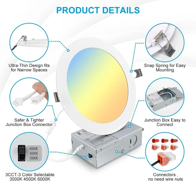 Alt view image 6 of 7 - Elaruslux 7 Inch 3CCT Ultra-Thin LED Recessed Light with Junction Box, 3000K/4500K/6000K Selectable, 18W Eqv 125W, Dimmable Ceiling Lights 1600LM Brightness Canless Wafer Downlight