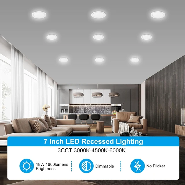 Alt view image 7 of 7 - Elaruslux 7 Inch 3CCT Ultra-Thin LED Recessed Light with Junction Box, 3000K/4500K/6000K Selectable, 18W Eqv 125W, Dimmable Ceiling Lights 1600LM Brightness Canless Wafer Downlight