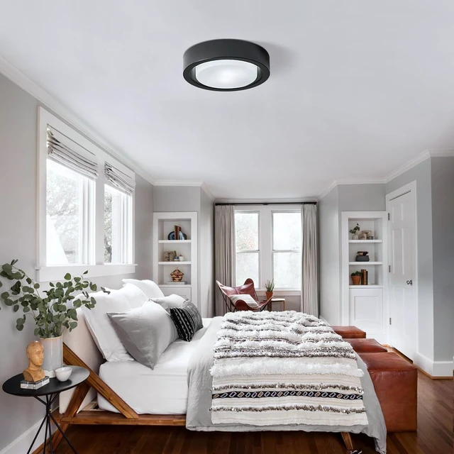 Alt view image 7 of 7 - Black Flush Mount Ceiling Light,13 Inch Matte Black Ceiling Lighting Fixture,2-Light Modern Round Metal Lamp with White Frosted Glass Shade for Hallway Bedroom Closet Outdoor