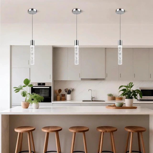 Alt view image 2 of 7 - Pendant Lights Kitchen Island, 6500K Modern Kitchen Island Lights Brushed Nickel, 3 Pack Ceiling Lighting Fixtures with Crystal Bubble, Integrated LED Hanging Light for Dining Room Restaurant