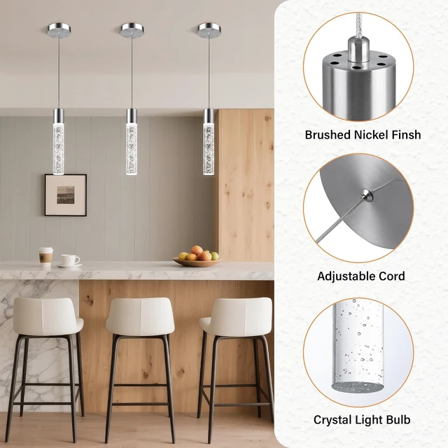 Alt view image 4 of 7 - Pendant Lights Kitchen Island, 6500K Modern Kitchen Island Lights Brushed Nickel, 3 Pack Ceiling Lighting Fixtures with Crystal Bubble, Integrated LED Hanging Light for Dining Room Restaurant