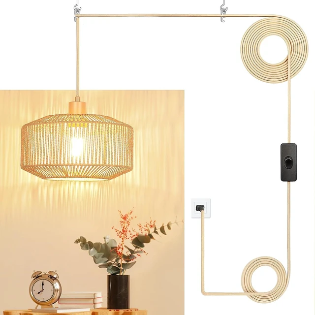 Main image of Qingmiao Boho Plug in Pendant Light, Handwoven Shade, 3 Way Bulb, 14ft Cord