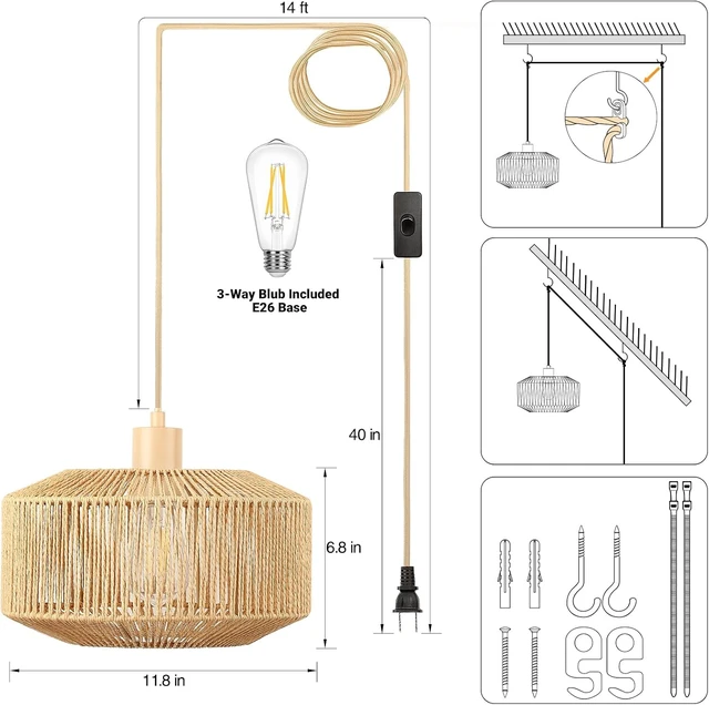 Alt view image 2 of 7 - Qingmiao Boho Plug in Pendant Light, Handwoven Shade, 3 Way Bulb, 14ft Cord