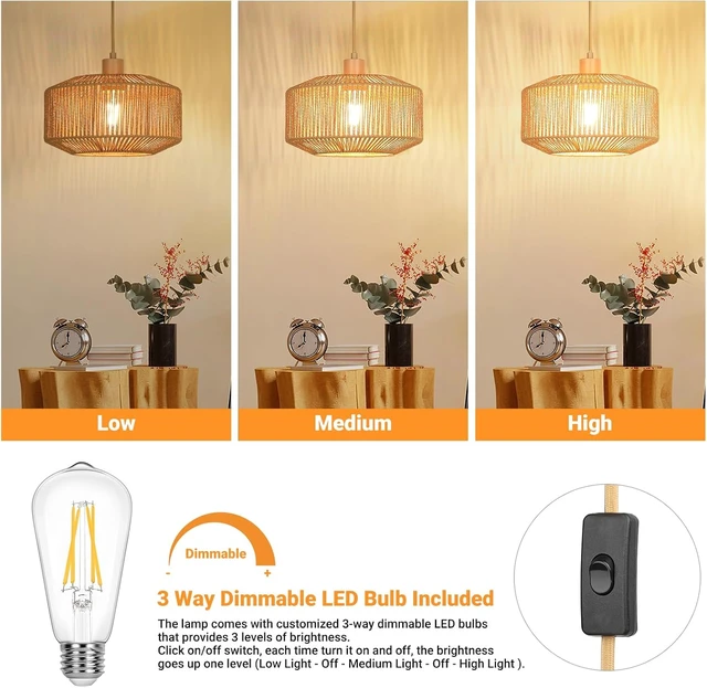 Alt view image 3 of 7 - Qingmiao Boho Plug in Pendant Light, Handwoven Shade, 3 Way Bulb, 14ft Cord