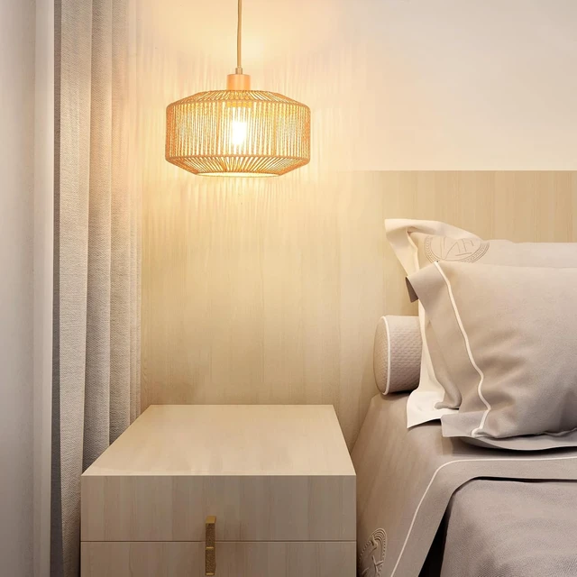 Alt view image 4 of 7 - Qingmiao Boho Plug in Pendant Light, Handwoven Shade, 3 Way Bulb, 14ft Cord